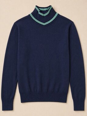 Navy turtle Neck Sweater with Mint Trim merino wool